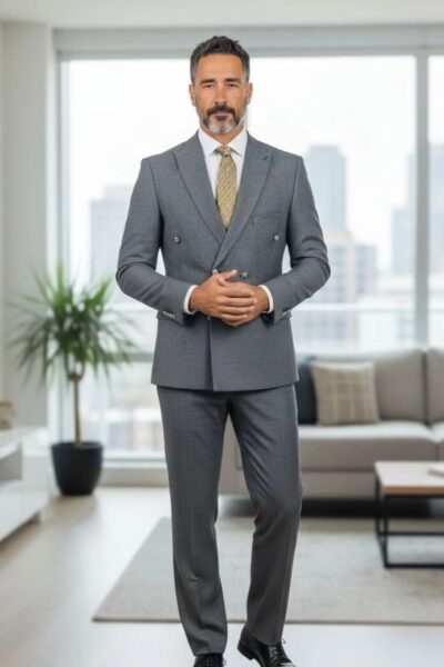 بدلة سلم دبل برست شبابي رمادي غامق