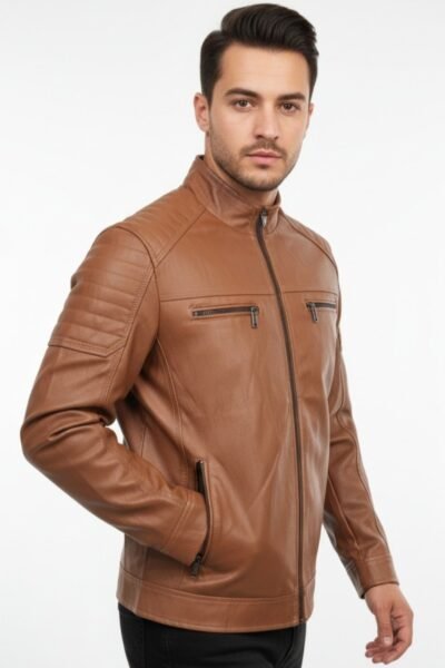 تصفيات - جاكيت جلد سلم شبابي عسلي